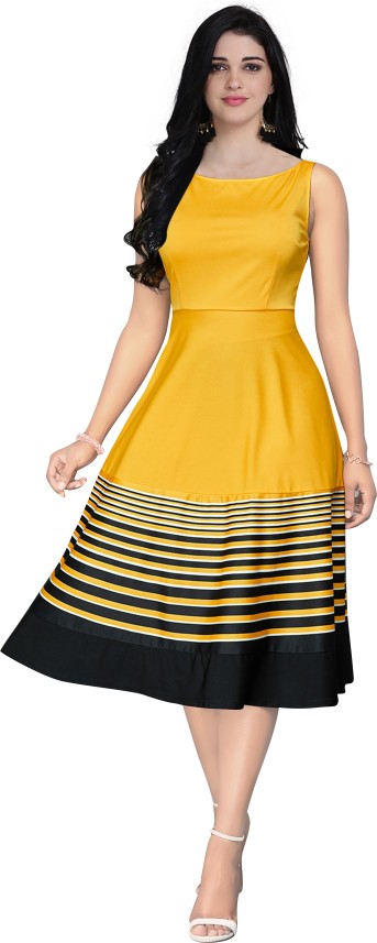 Women Fit and Flare Yellow, Black Dress ...